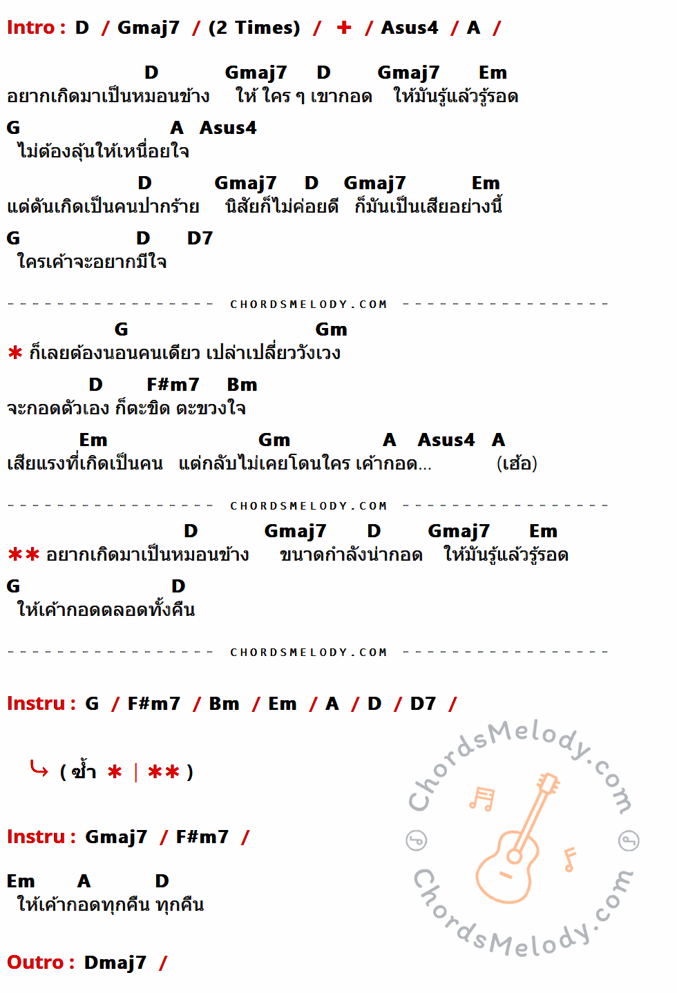 คอร์ดเพลง หมอนข้าง - อ่ำ อัมรินทร์ เนื้อร้อง มีคอร์ดกีต้าร์ ในกลุ่มคีย์ D,Gmaj7,Asus4,A,Em,G,D7,Gm,F#m7,Bm,Dmaj7 กำกับ