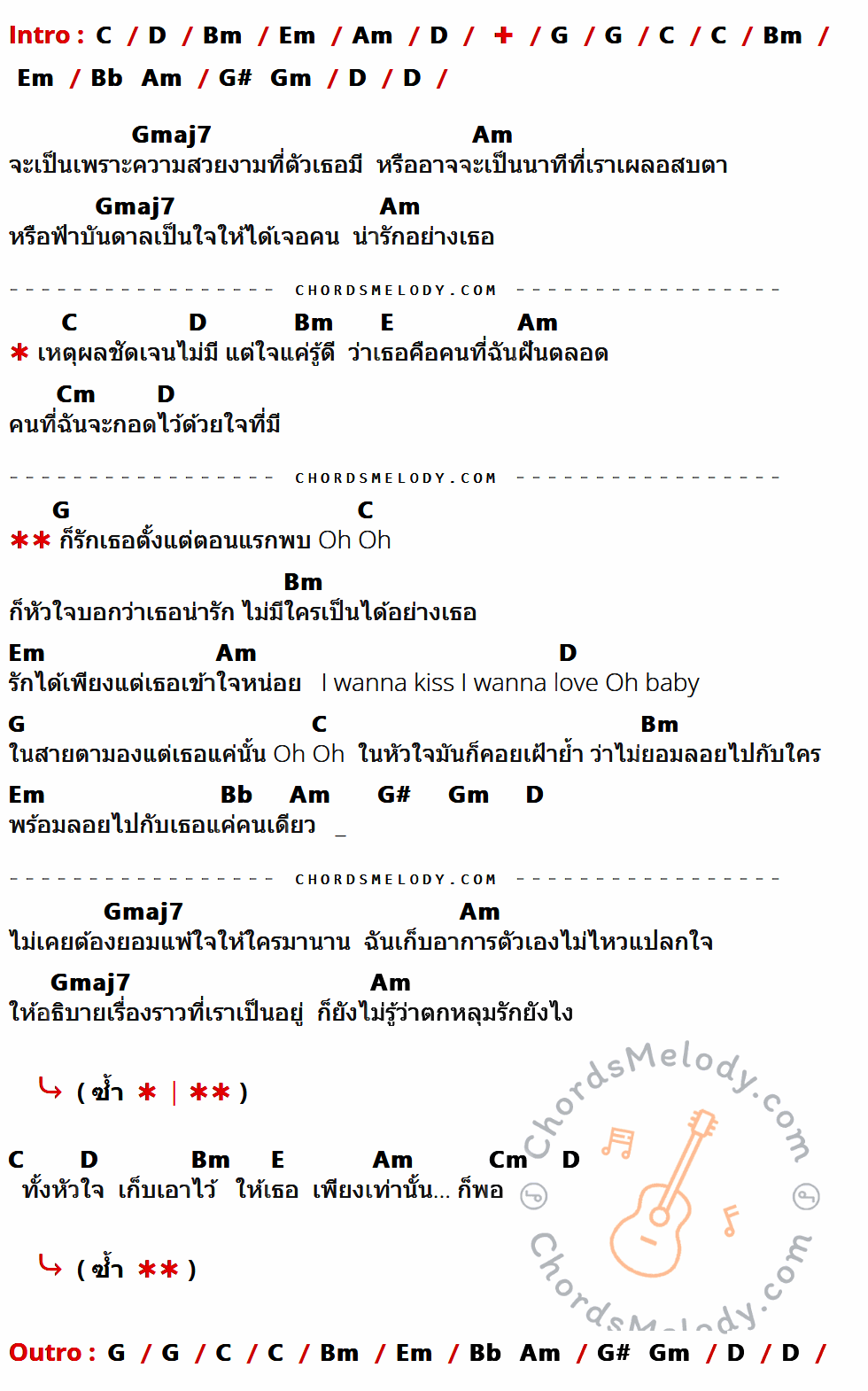 เนื้อเพลง รักแรกพบ ของ ไอซ์ ศรัณยู มีคอร์ดกีต้าร์ ในคีย์ที่ต่างกัน G,A,F#m,Bm,Em,D,F,Eb,Dm,Dmaj7,B,Gm