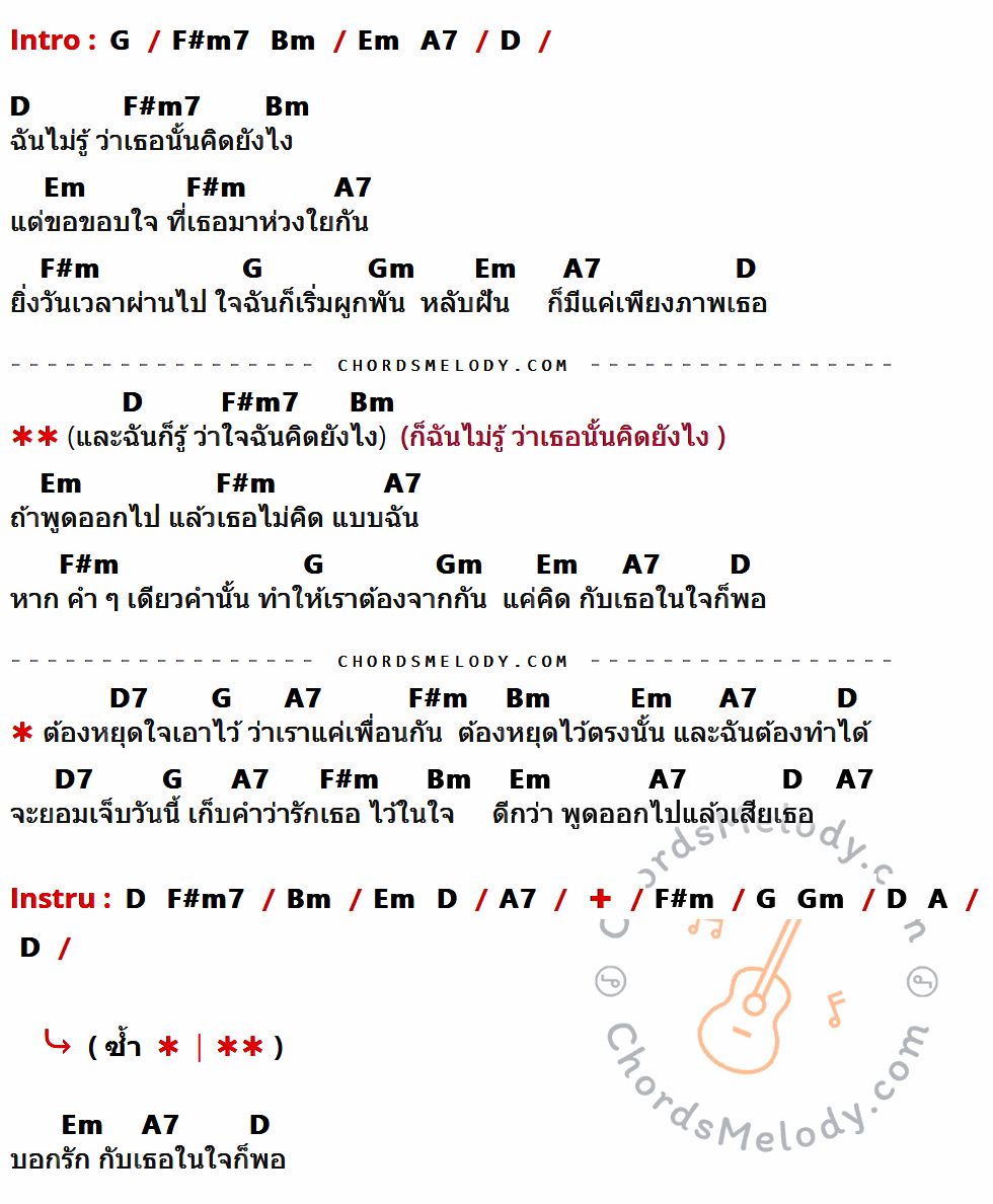 คอร์ดเพลง บอกรักในใจ - โจ้ ธณรัฐ ปิ่นเวหา เนื้อร้อง มีคอร์ดกีต้าร์ ในกลุ่มคีย์ G,D,F#m7,Bm,Em,F#m,A7,Gm,D7 กำกับ