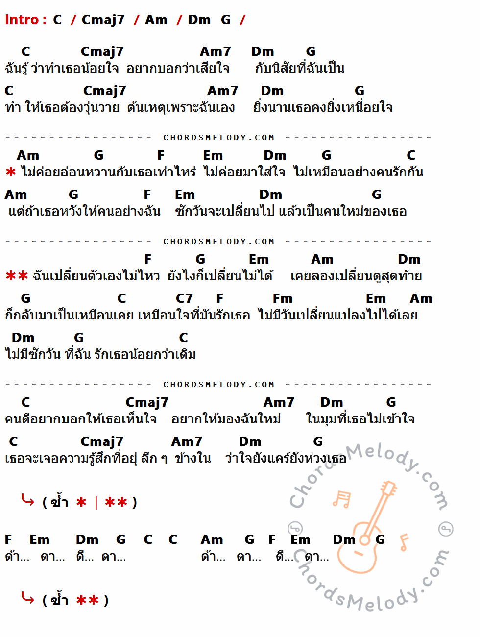 คอร์ดเพลง เปลี่ยนไม่ได้ - วิเชียร ตันติพิมลพันธุ์ เนื้อร้อง มีคอร์ดกีต้าร์ ในกลุ่มคีย์ C,Cmaj7,Am,Am7,Dm,G,F,Em,C7,Fm กำกับ