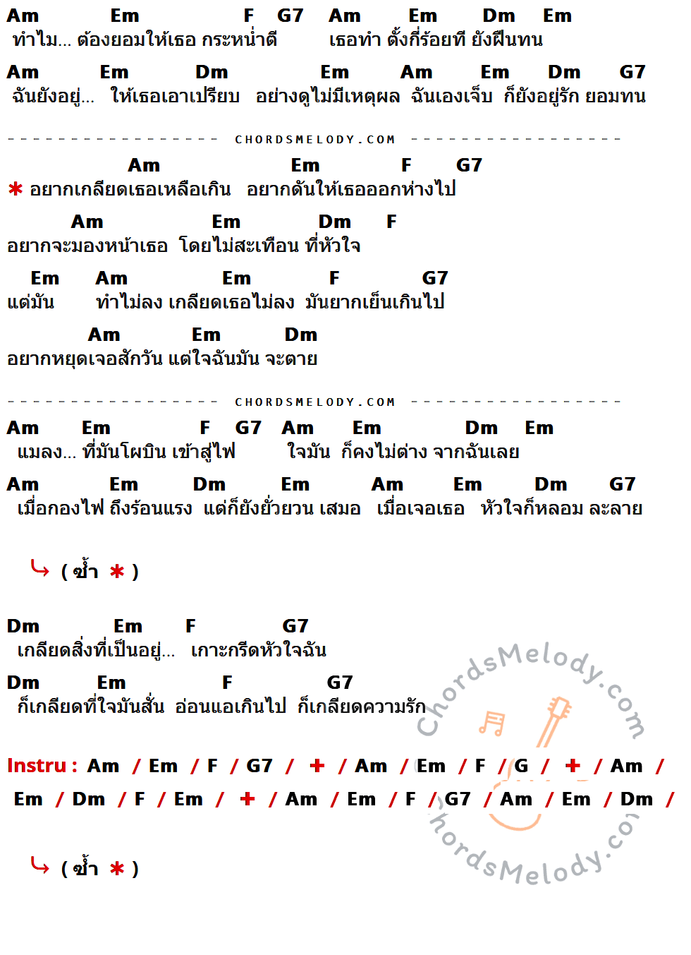 คอร์ดเพลง อยากเกลียดเธอ - จัสติน เนื้อร้อง มีคอร์ดกีต้าร์ ในกลุ่มคีย์ Am,Em,F,G7,Dm,G กำกับ