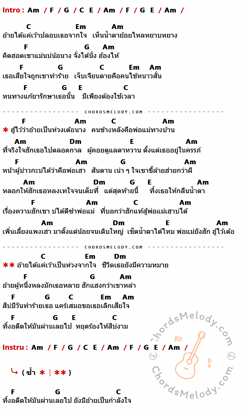 คอร์ดเพลง ฮักแท้คือพ่อแม่ - หรั่ง ชุมแพ เนื้อร้อง มีคอร์ดกีต้าร์ ในกลุ่มคีย์ Am,F,G,C,Em,E,Dm กำกับ