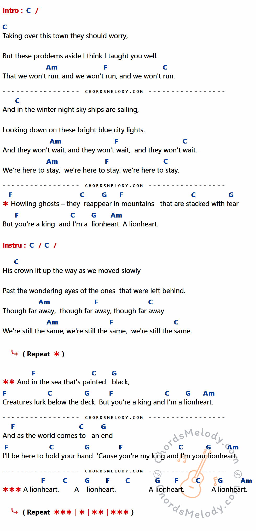 เนื้อเพลง King And Lionheart ของ Of Monsters and Men มีคอร์ดกีต้าร์ ในคีย์ที่ต่างกัน G,Em,C,D