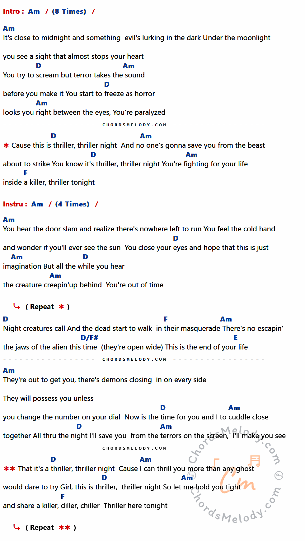 เนื้อเพลง Thriller ของ MICHAEL JACKSON มีคอร์ดกีต้าร์ ในคีย์ที่ต่างกัน Em,A,C,A/C#,B