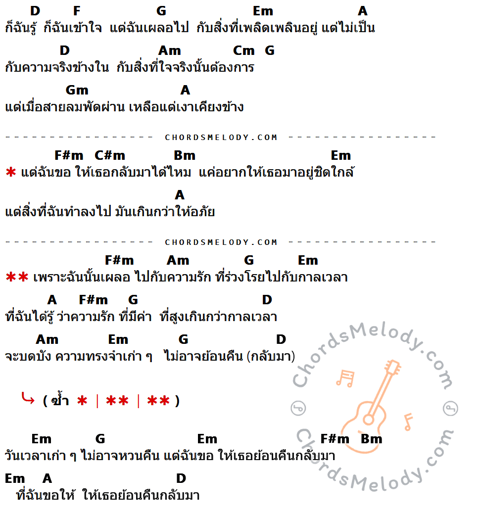 คอร์ดเพลง เผลอ - Mono เนื้อร้อง มีคอร์ดกีต้าร์ ในกลุ่มคีย์ D,F,G,Em,A,Am,Cm,Gm,F#m,C#m,Bm กำกับ