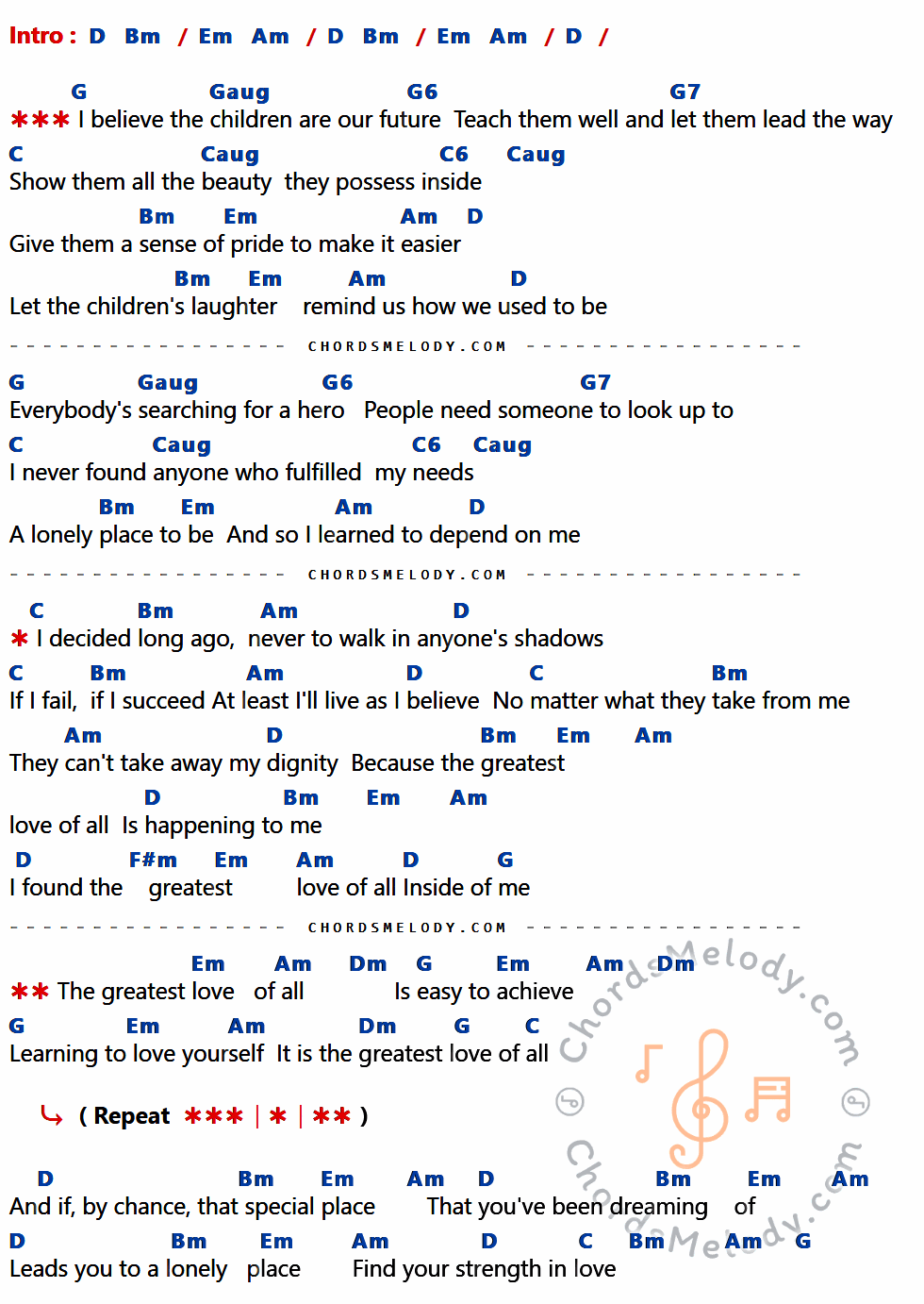 เนื้อเพลง Greatest Love Of All ของ Whitney Houston มีคอร์ดกีต้าร์ ในคีย์ที่ต่างกัน D,Bm,Em,Am,G,Gaug,G6,G7,C,Caug,C6,F#m,Dm