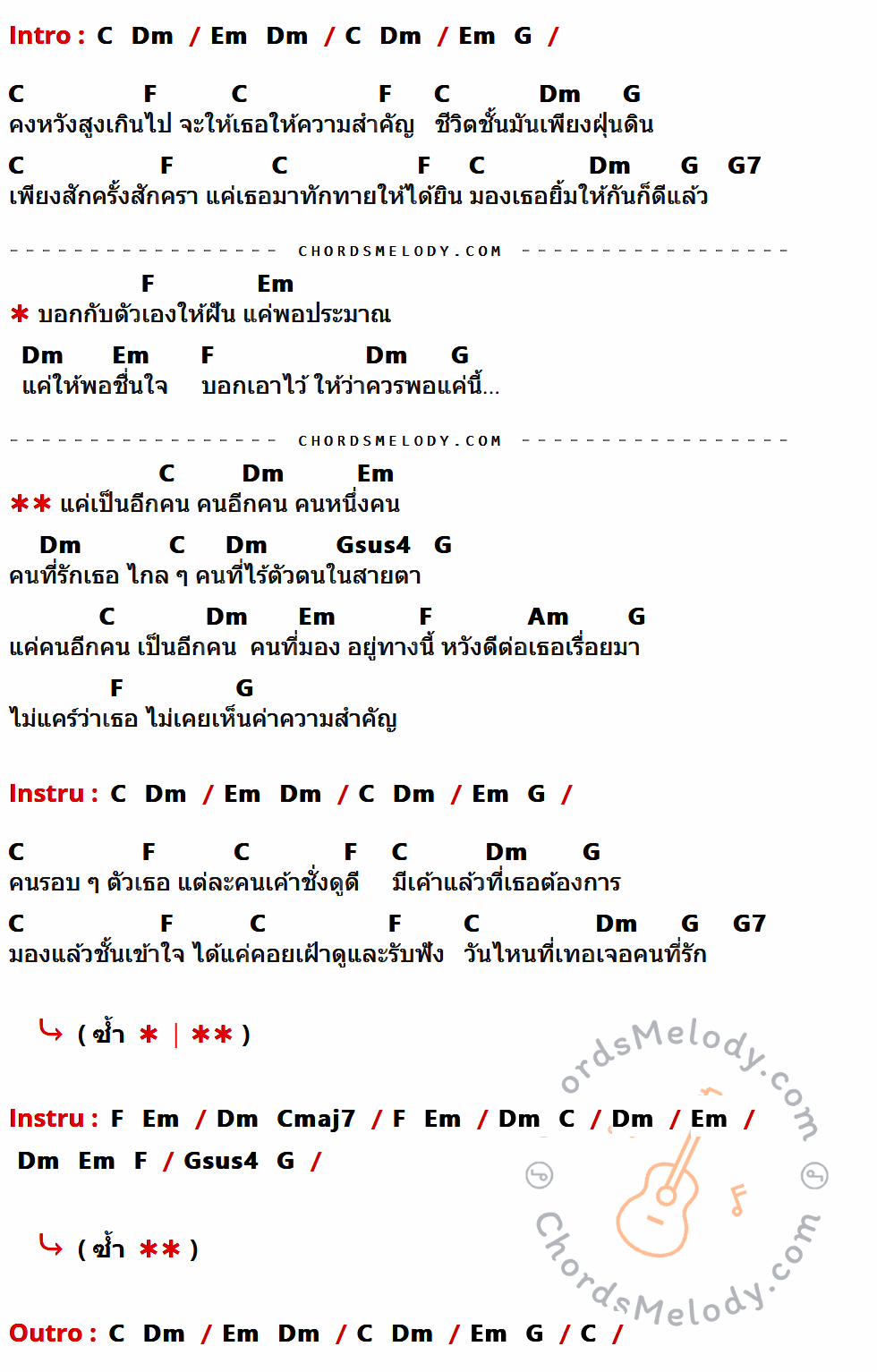คอร์ดเพลง แค่คนอีกคน (Acoustic Version) - ปราโมทย์ วิเลปะนะ เนื้อร้อง มีคอร์ดกีต้าร์ ในกลุ่มคีย์ C,F,Dm,G,G7,Em,Gsus4,Am กำกับ