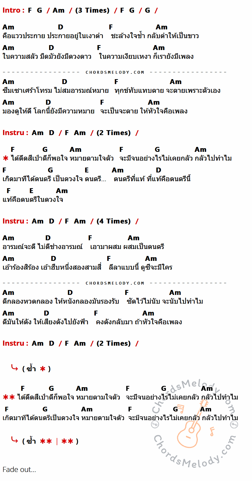 คอร์ดเพลง ดนตรีในดวงใจ - Butterfly เนื้อร้อง มีคอร์ดกีต้าร์ ในกลุ่มคีย์ Am,G,D,F,E กำกับ