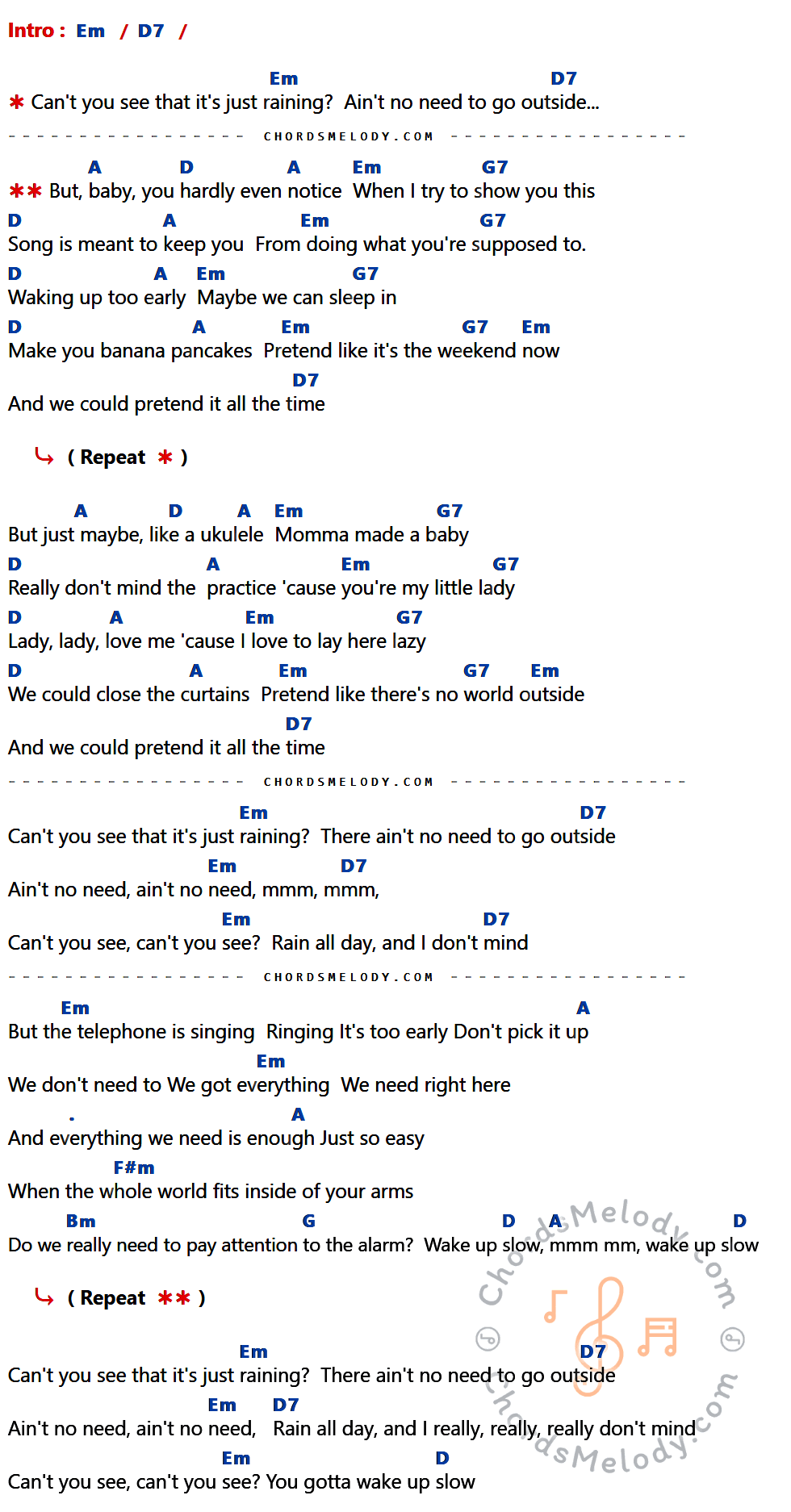 เนื้อเพลง Banana Pancakes ของ Jack Johnson มีคอร์ดกีต้าร์ ในคีย์ที่ต่างกัน Em,D7,A,D,G7,F#m,Bm,G