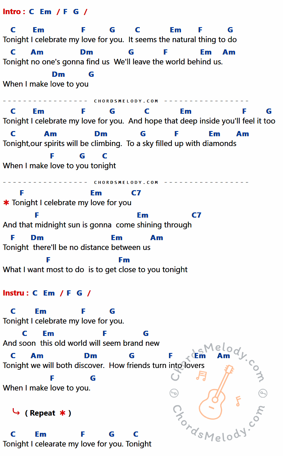 คอร์ดเพลง Tonight, I Celebrate My Love - Peabo Bryson-Roberta Flack เนื้อร้อง มีคอร์ดกีต้าร์ ในกลุ่มคีย์ C,Em,F,G,Am,Dm,C7,Fm กำกับ