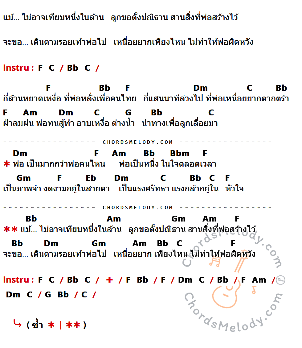 คอร์ดเพลง เดินตามรอยเท้าพ่อ - เพลงพระราชนิพนธ์ เนื้อร้อง มีคอร์ดกีต้าร์ ในกลุ่มคีย์ F,Bb,Dm,C,Am,G,Bbm,Gm,Eb กำกับ