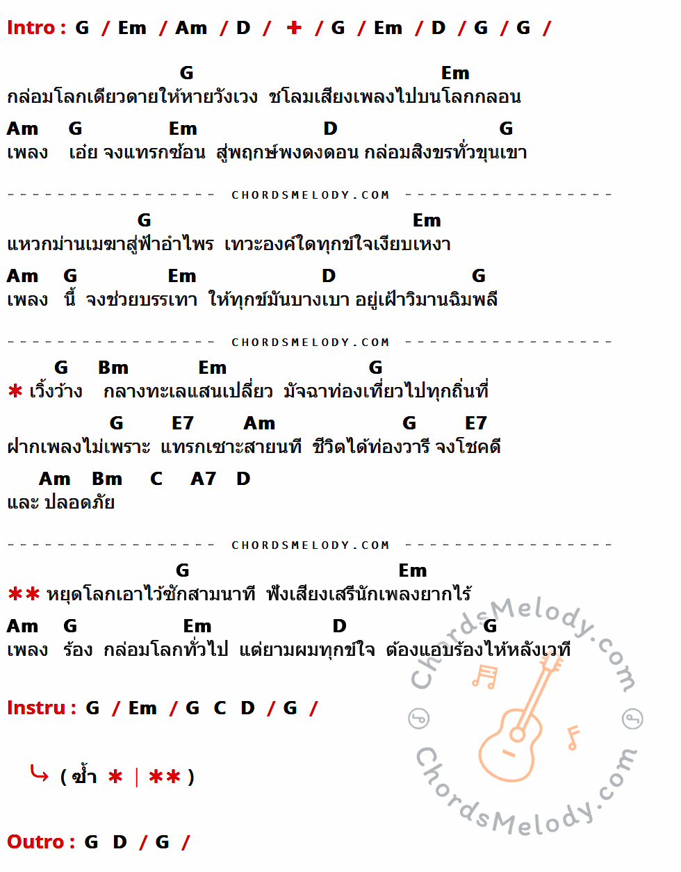 คอร์ดเพลง คนกล่อมโลก - เสรี รุ่งสว่าง เนื้อร้อง มีคอร์ดกีต้าร์ ในกลุ่มคีย์ G,Em,Am,D,Bm,E7,C,A7 กำกับ