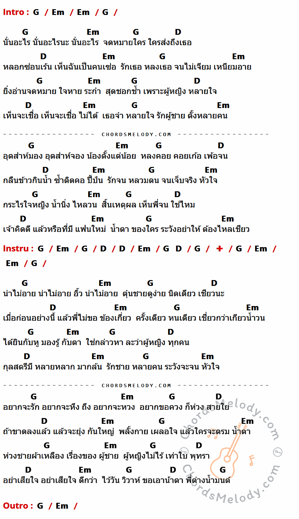 เนื้อเพลง น้ำนิ่งไหลลึก ของ ชาย เมืองสิงห์ มีคอร์ดกีต้าร์ ในคีย์ที่ต่างกัน G,Em,D