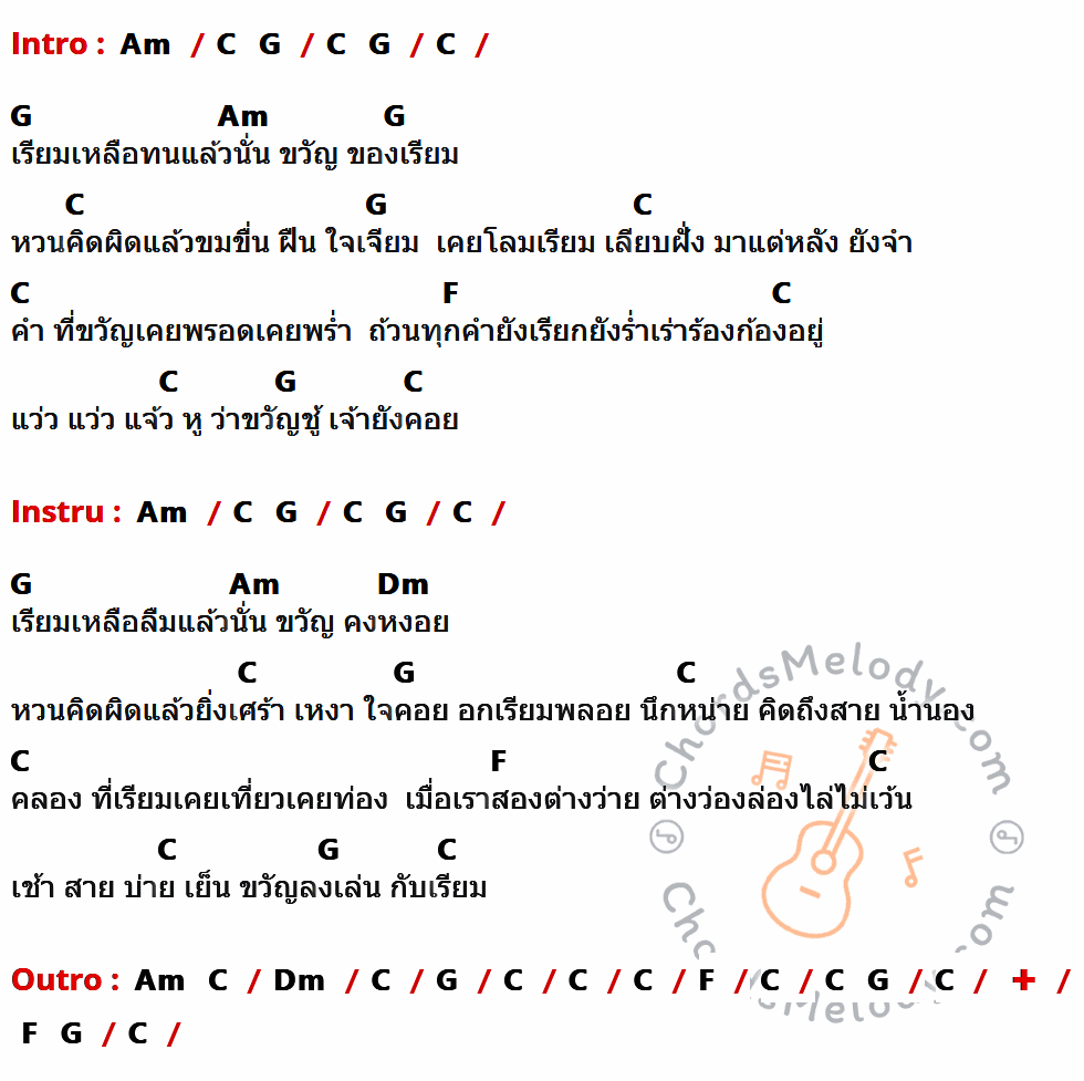 คอร์ดเพลง ขวัญของเรียม - นันทวัน เมฆใหญ่ เนื้อร้อง มีคอร์ดกีต้าร์ ในกลุ่มคีย์ Am,C,G,F,Dm กำกับ