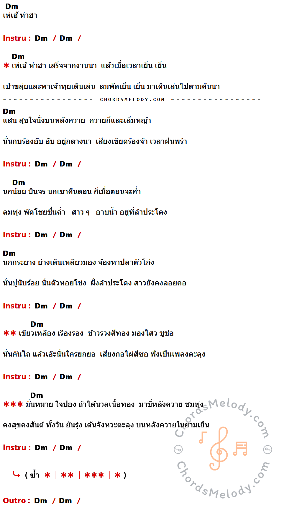 เนื้อเพลง ชมทุ่ง ของ เพลิน พรหมแดน มีคอร์ดกีต้าร์ ในคีย์ที่ต่างกัน Dm