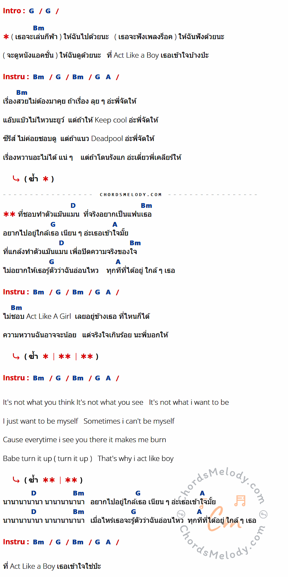 คอร์ดเพลง เข้าใจป่ะ - แองจี้ เนื้อร้อง มีคอร์ดกีต้าร์ ในกลุ่มคีย์ G,Bm,D,A กำกับ