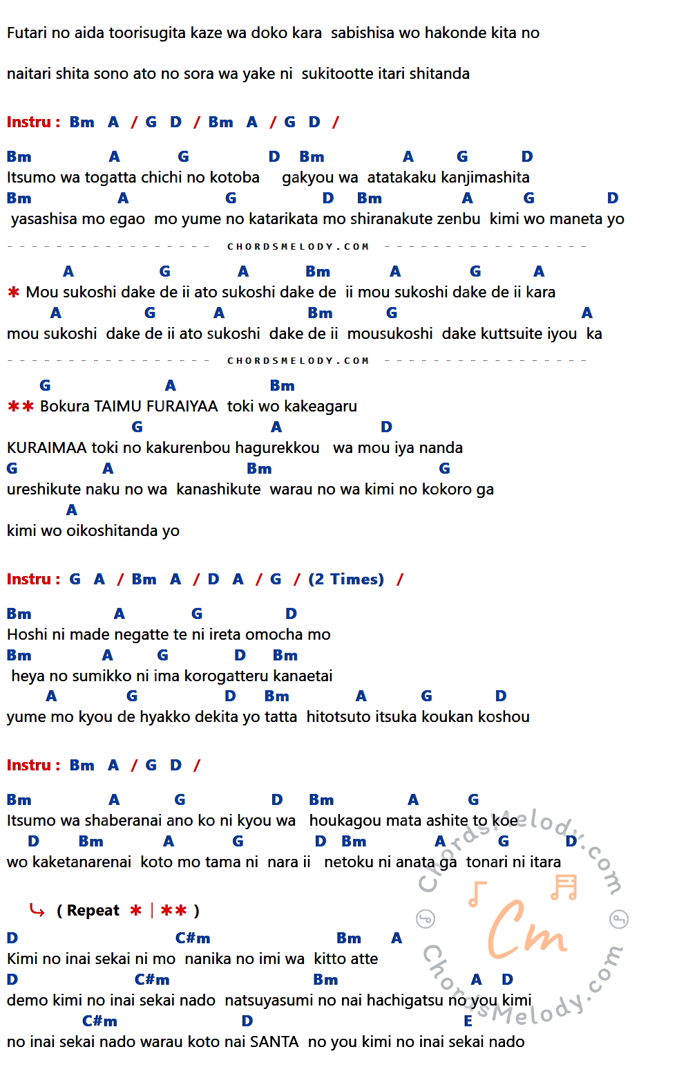 เนื้อเพลง Nandemonaiya ของ RADWIMPS มีคอร์ดกีต้าร์ ในคีย์ที่ต่างกัน Bm,A,G,D,C#m,E