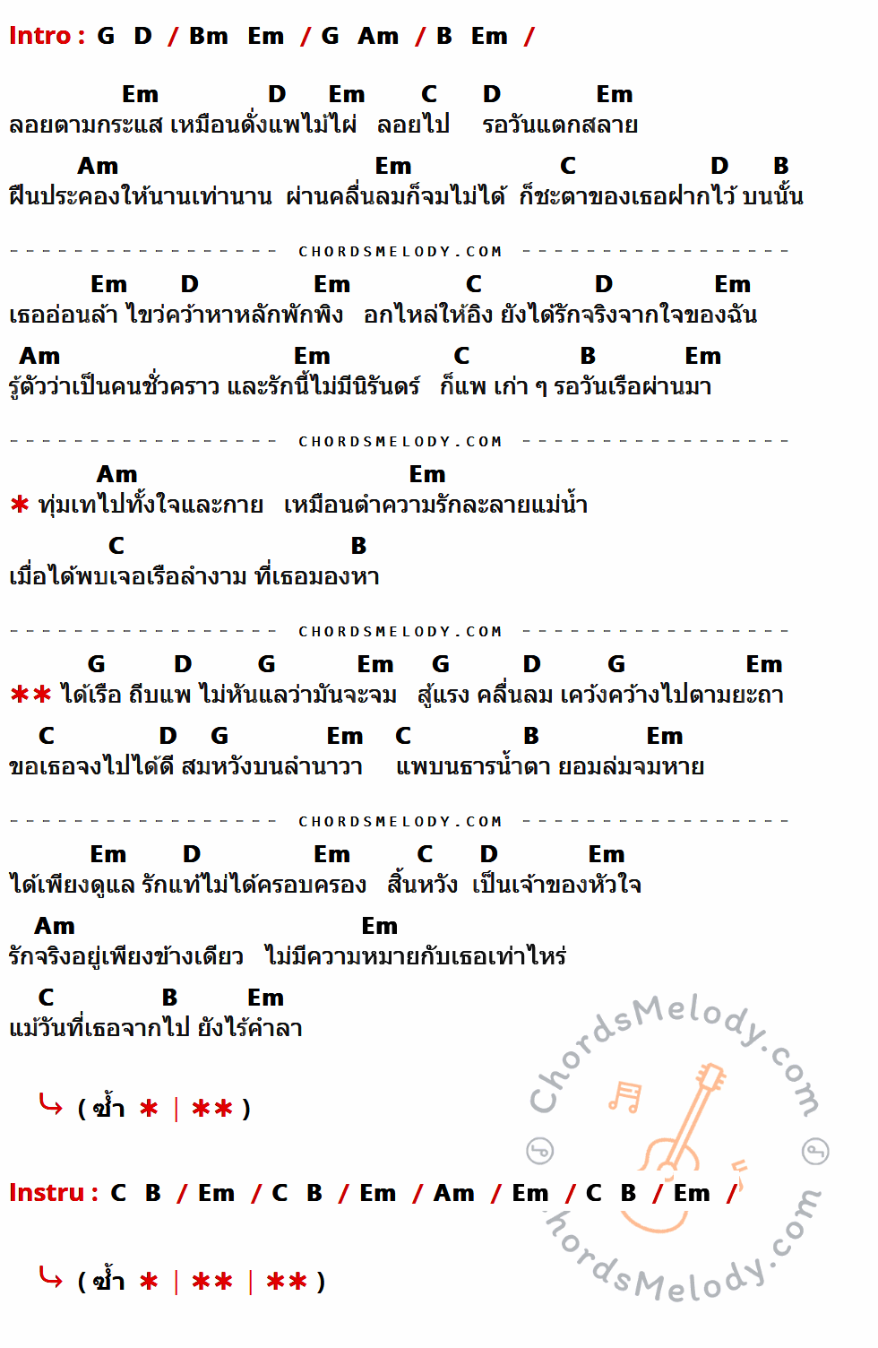 คอร์ดเพลง ได้เรือถีบแพ - ป๋อง ณปะเหลียน เนื้อร้อง มีคอร์ดกีต้าร์ ในกลุ่มคีย์ Em,D,C,Am,B,G กำกับ