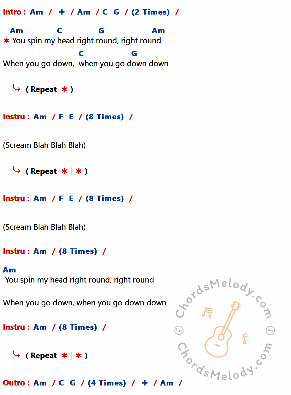 คอร์ดเพลง Right Round - The Hotel Ambush เนื้อร้อง มีคอร์ดกีต้าร์ ในกลุ่มคีย์ Am,C,G,F,E กำกับ