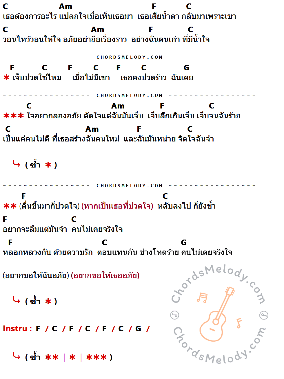 คอร์ดเพลง ฉันเคย - เก่ง นิยุต เมืองไทย เนื้อร้อง มีคอร์ดกีต้าร์ ในกลุ่มคีย์ C,Am,F,G กำกับ