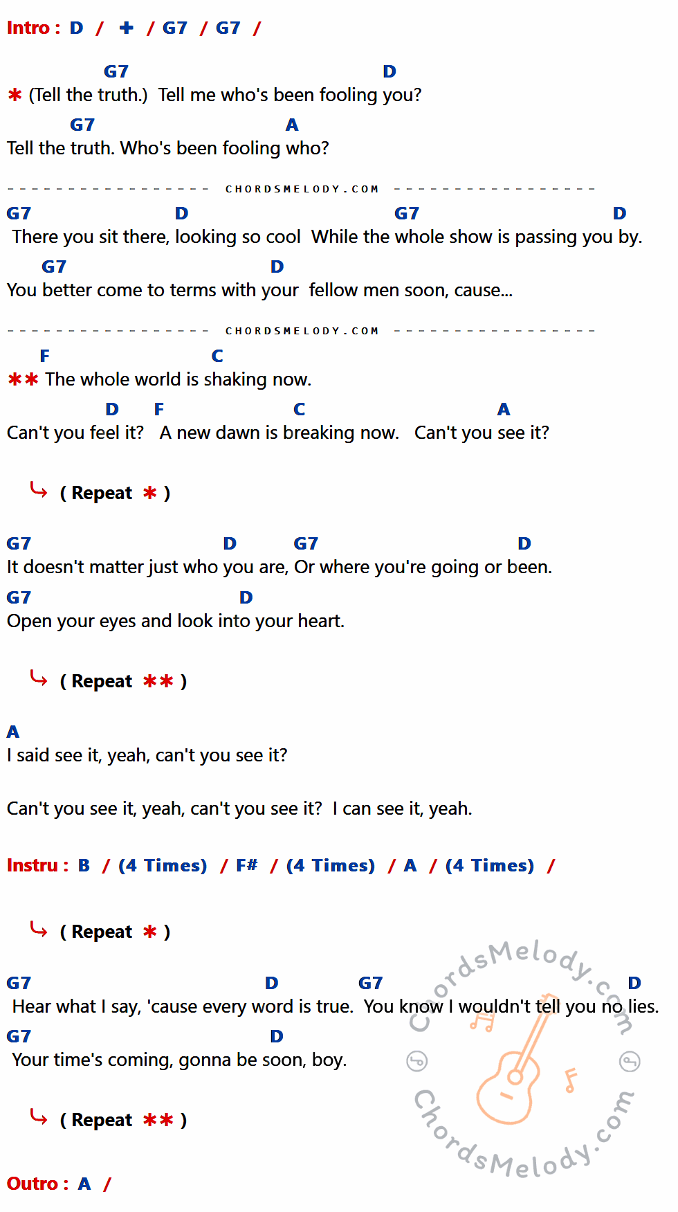 เนื้อเพลง Tell the Truth ของ Eric Clapton มีคอร์ดกีต้าร์ ในคีย์ที่ต่างกัน A,D7,E,C,G,F#,C#