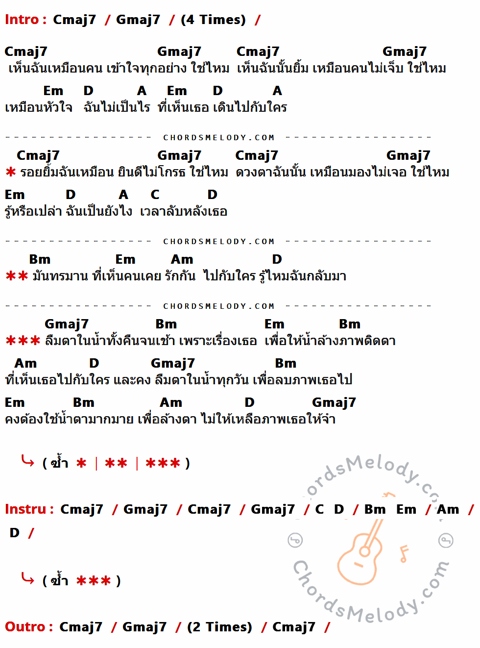 เนื้อเพลง ลืมตาในน้ำ ของ Potato มีคอร์ดกีต้าร์ ในคีย์ที่ต่างกัน Cmaj7,Gmaj7,Em,D,A,C,Bm,Am