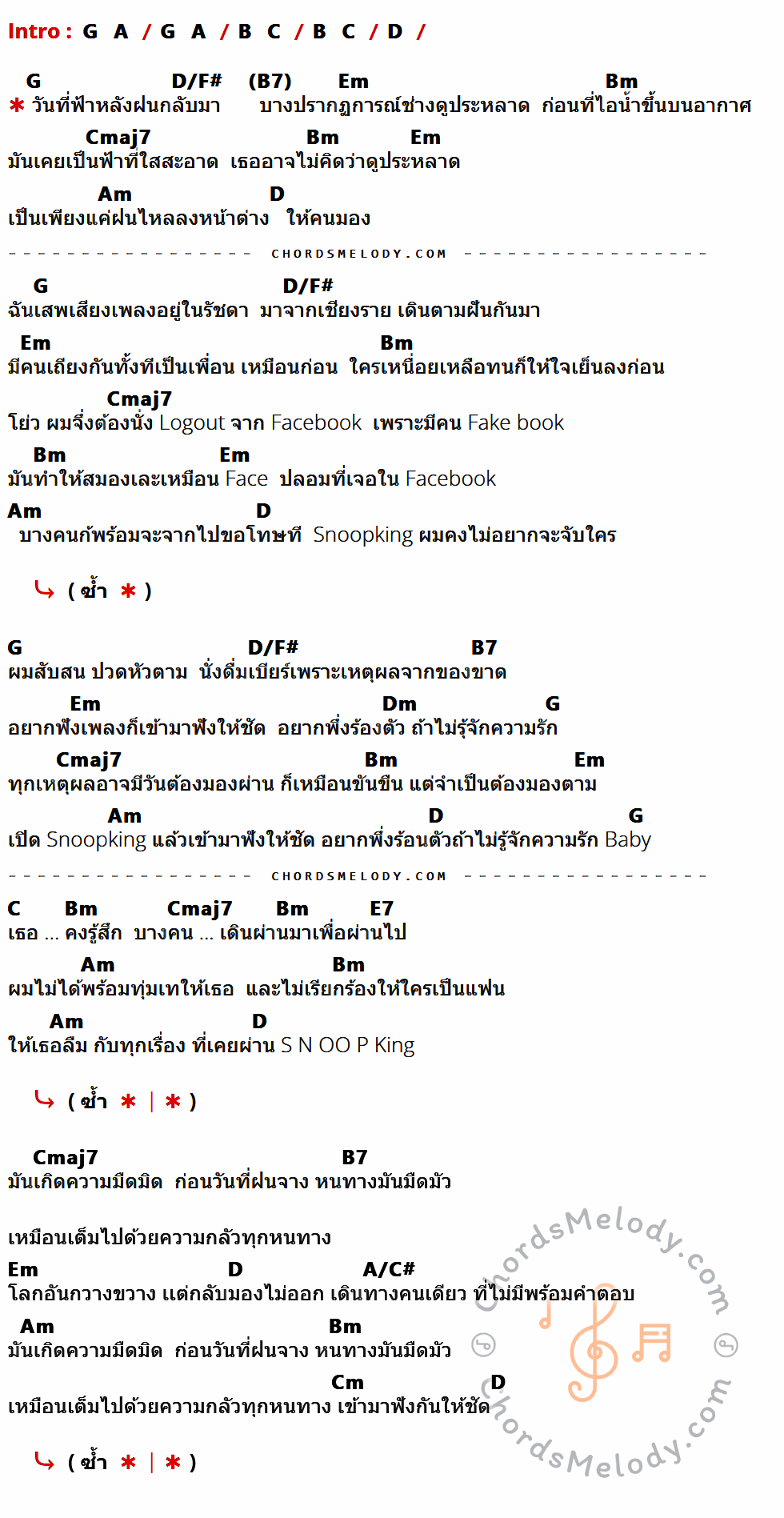 คอร์ดเพลง ฟ้าหลังฝน - SNOOPKING เนื้อร้อง มีคอร์ดกีต้าร์ ในกลุ่มคีย์ G,A,B,C,D,D/F#,Em,Bm,Cmaj7,Am,B7,Dm,E7,A/C#,Cm กำกับ