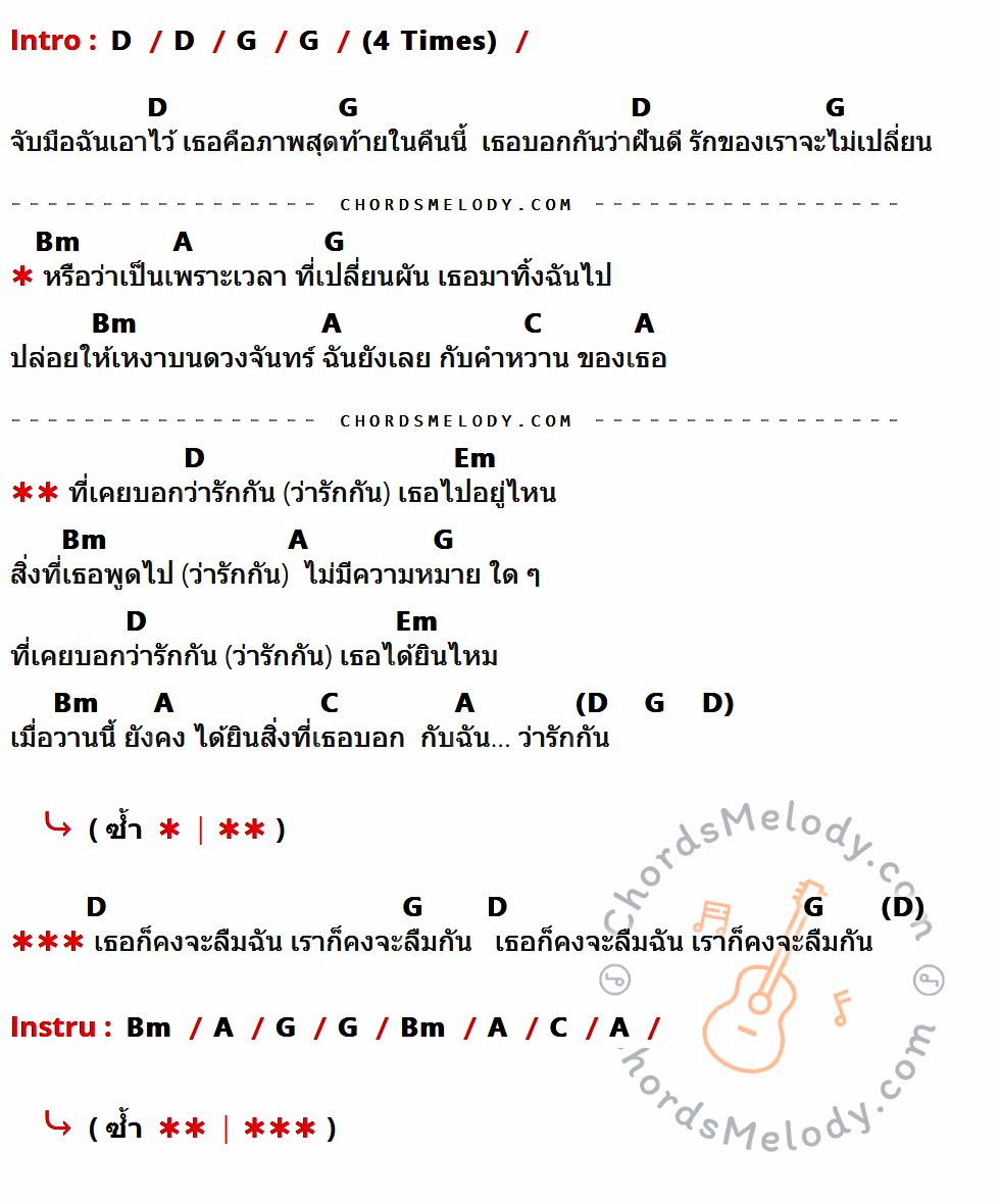 เนื้อเพลง เลือนลางและจางหาย ของ 23'O มีคอร์ดกีต้าร์ ในคีย์ที่ต่างกัน D,G,Bm,A,C,Em