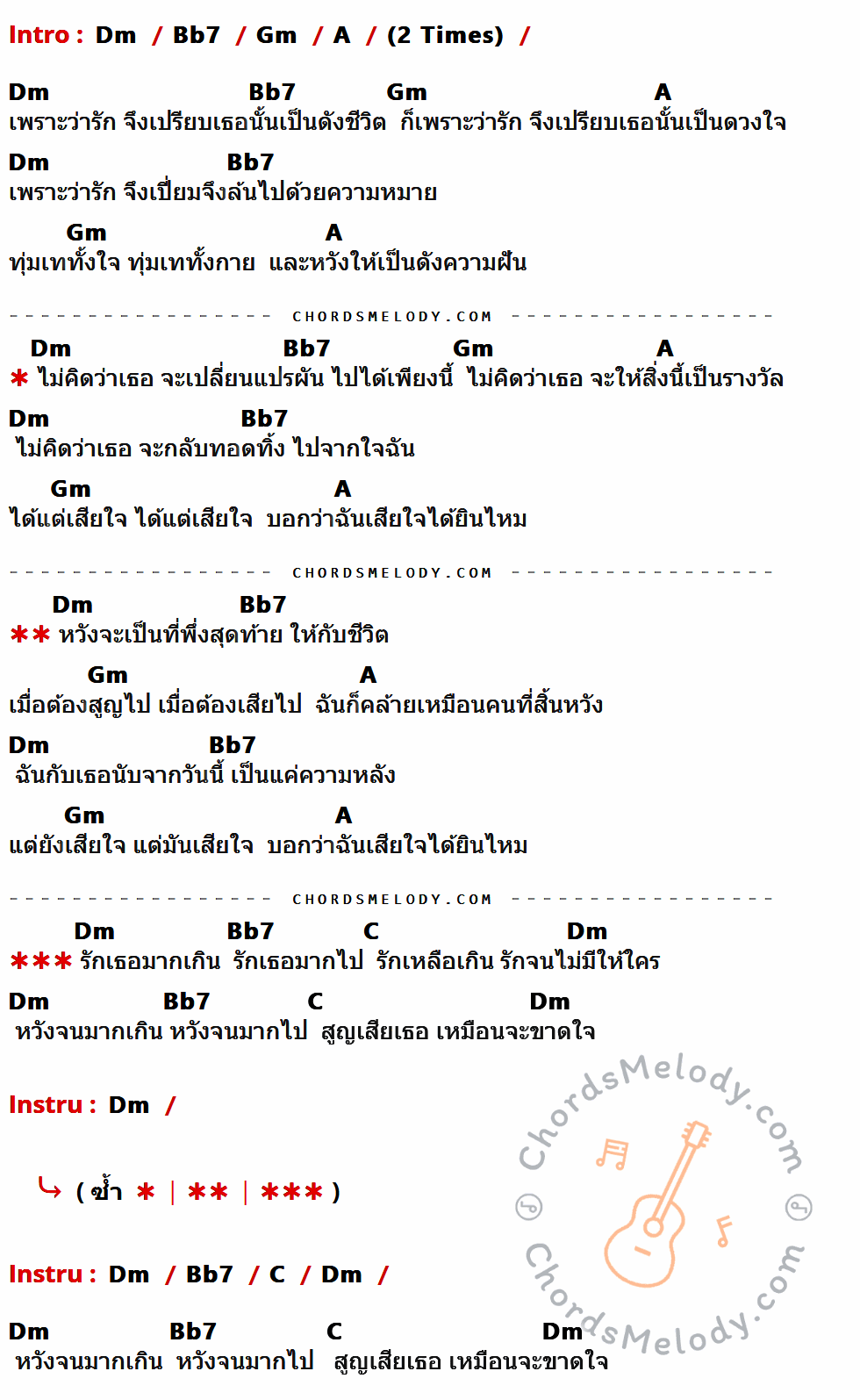 คอร์ดเพลง เสียใจได้ยินไหม - ใหม่ เจริญปุระ เนื้อร้อง มีคอร์ดกีต้าร์ ในกลุ่มคีย์ Dm,Bb7,Gm,A,C กำกับ