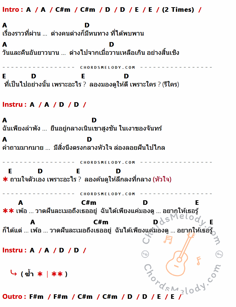 คอร์ดเพลง เพ้อ - White Noise เนื้อร้อง มีคอร์ดกีต้าร์ ในกลุ่มคีย์ A,C#m,D,E,F#m กำกับ