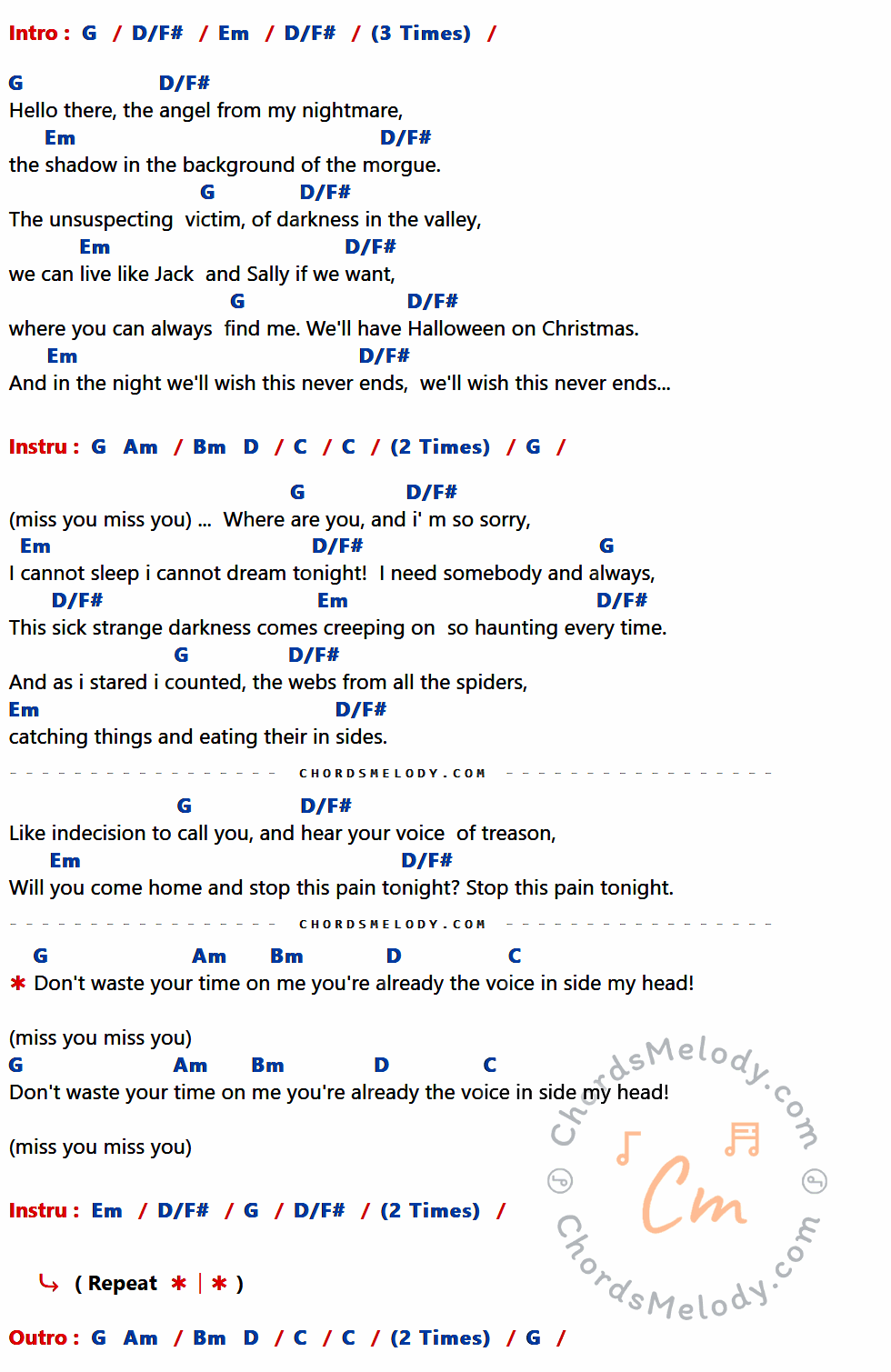 เนื้อเพลง I Miss You ของ Blink 182 มีคอร์ดกีต้าร์ ในคีย์ที่ต่างกัน G,D/F#,Em,Am,Bm,D,C