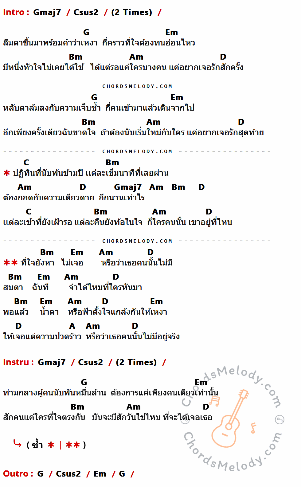 เนื้อเพลง หาไม่เจอหรือเธอไม่มี ของ Am Fine มีคอร์ดกีต้าร์ ในคีย์ที่ต่างกัน Gmaj7,Csus2,G,Em,Bm,Am,D,C,A