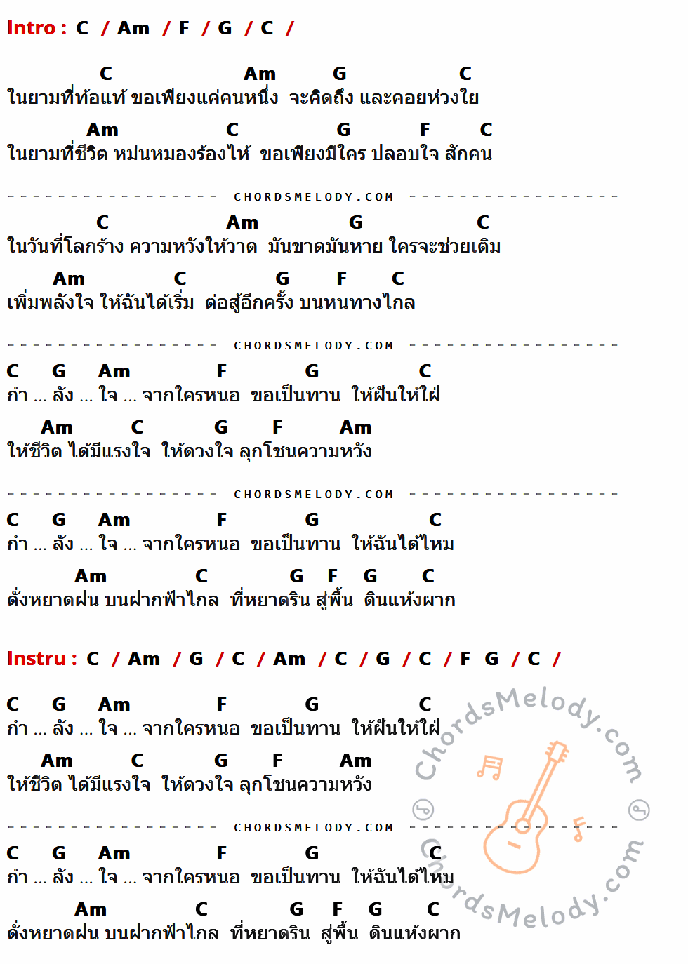 คอร์ดเพลง กำลังใจ - โฮป เนื้อร้อง มีคอร์ดกีต้าร์ ในกลุ่มคีย์ C,Am,F,G กำกับ