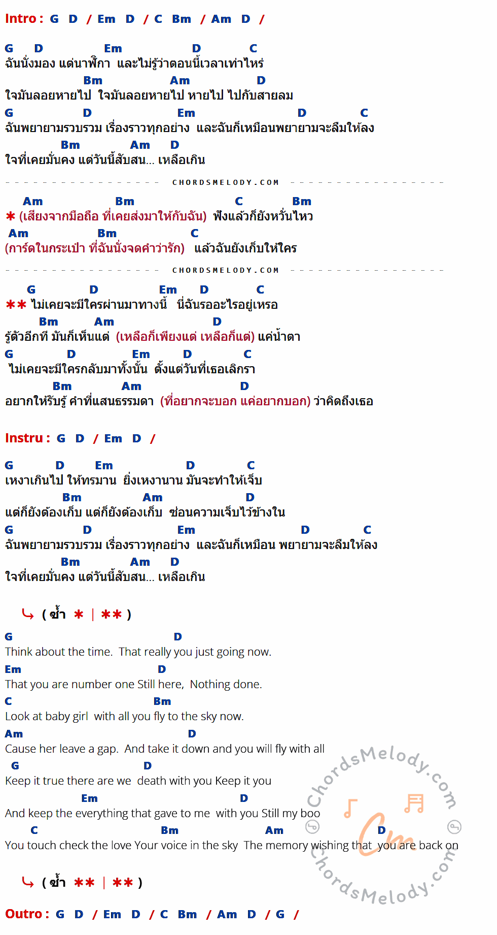 เนื้อเพลง ไม่มีใครผ่านมาทางนี้ (Pause) ของ 3.2.1 มีคอร์ดกีต้าร์ ในคีย์ที่ต่างกัน G,D,Em,C,Bm,Am