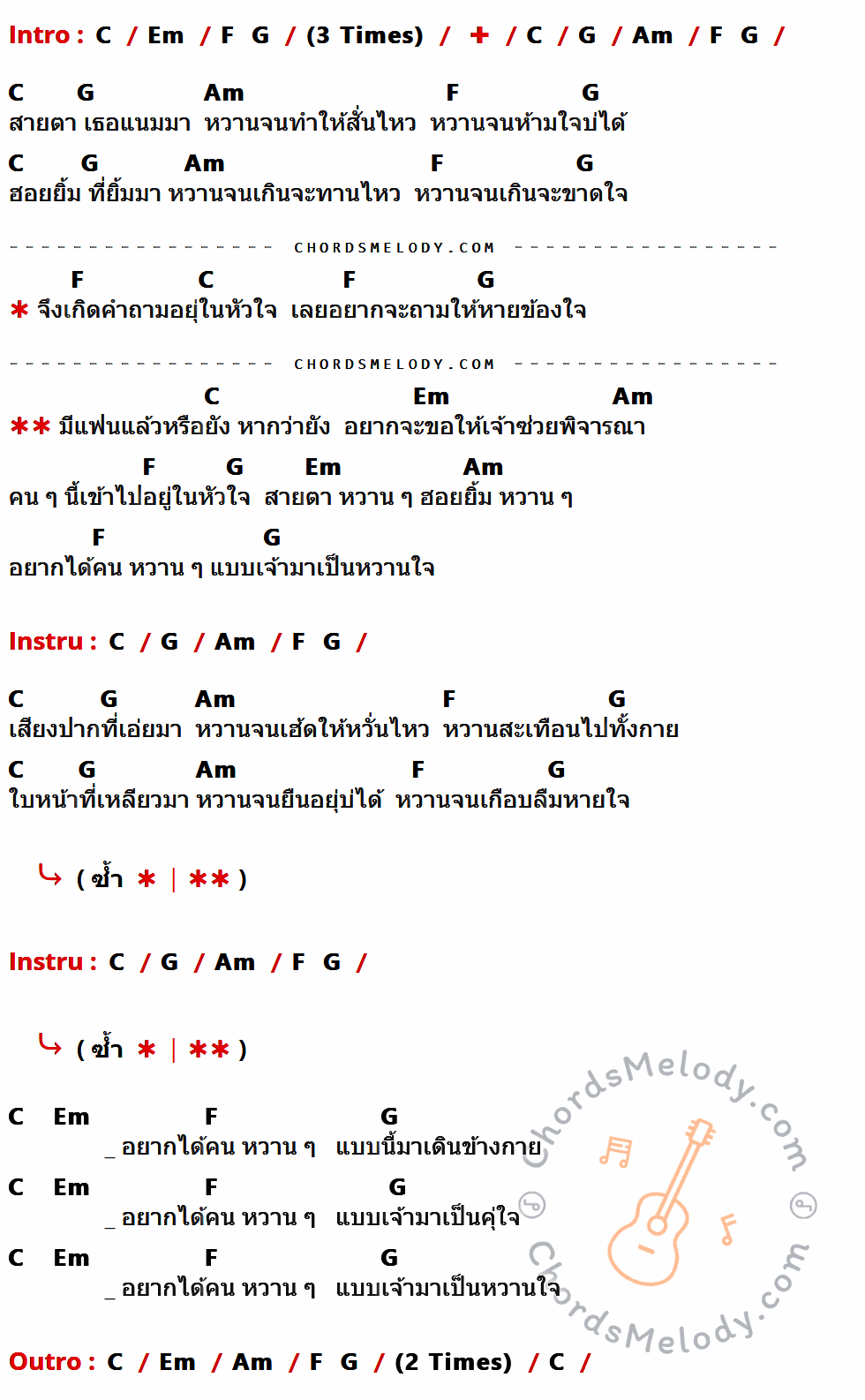 คอร์ดเพลง หวาน - Cells เนื้อร้อง มีคอร์ดกีต้าร์ ในกลุ่มคีย์ C,Em,G,Am,F กำกับ