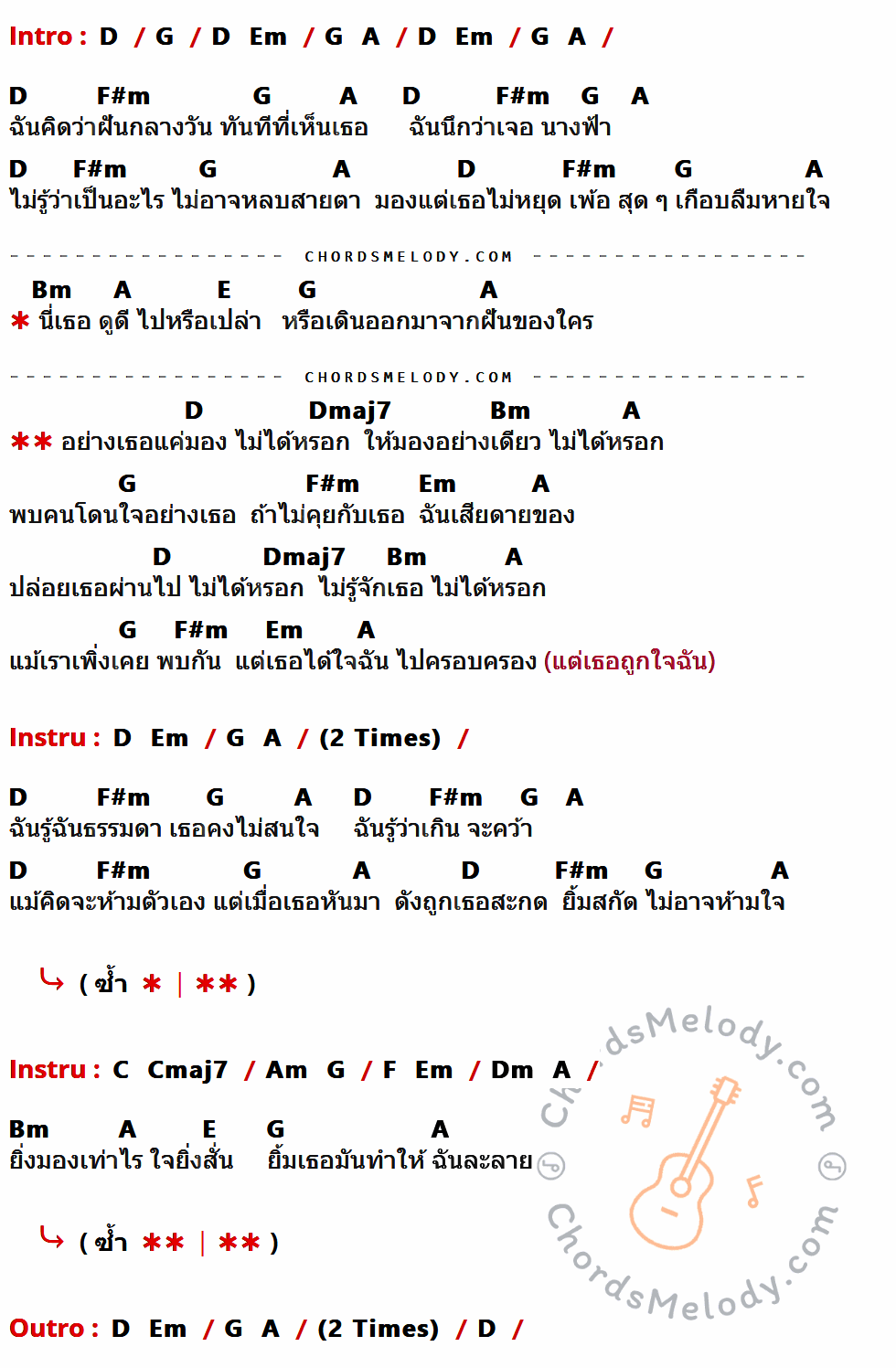 คอร์ดเพลง เสียดายของ - Basher เนื้อร้อง มีคอร์ดกีต้าร์ ในกลุ่มคีย์ D,G,F#m,A,Bm,E,Dmaj7,Em กำกับ