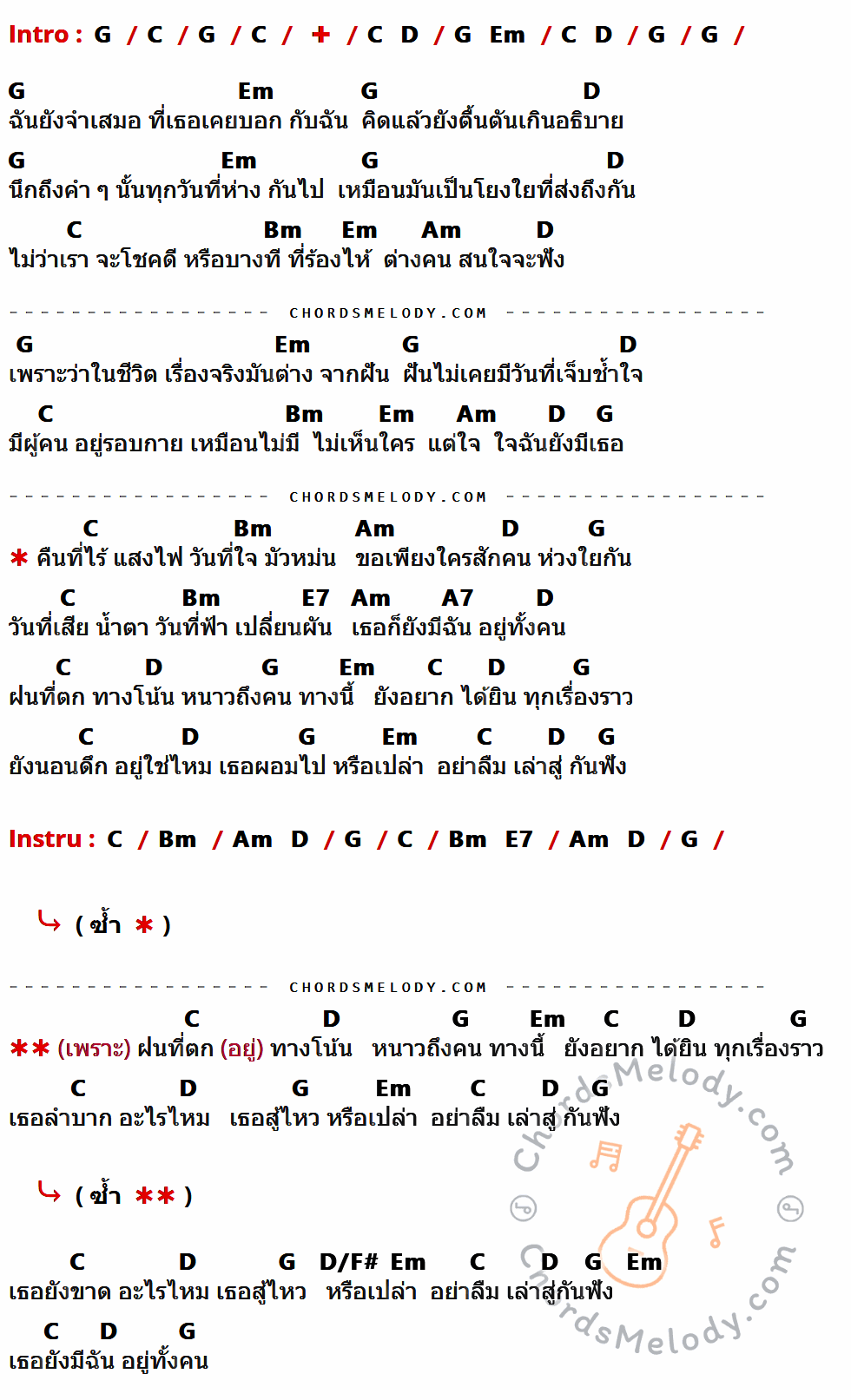 เนื้อเพลง เล่าสู่กันฟัง ของ Bird ธงไชย มีคอร์ดกีต้าร์ ในคีย์ที่ต่างกัน G,C,D,Em,Bm,Am,E7,A7,D/F#