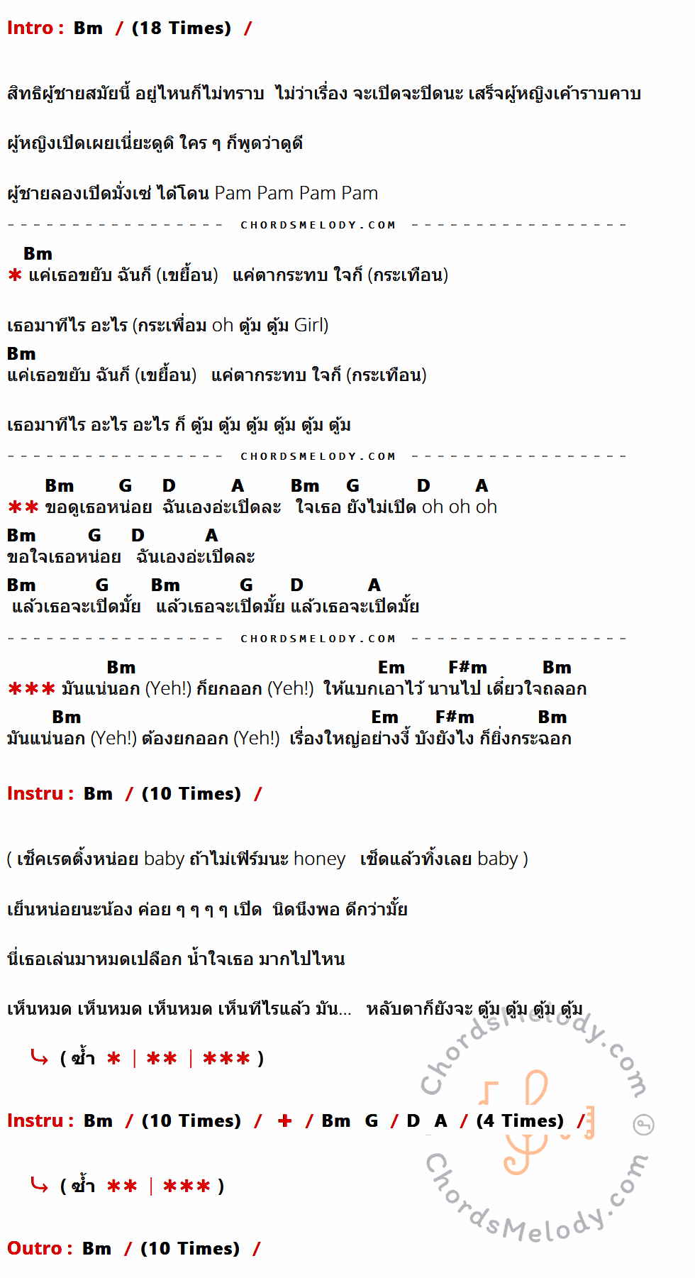 คอร์ดเพลง รักต้องเปิด (แน่นอก) (Splash Out) - 3.2.1 Feat.ใบเตย อาร์สยาม เนื้อร้อง มีคอร์ดกีต้าร์ ในกลุ่มคีย์ Bm,G,D,A,Em,F#m กำกับ