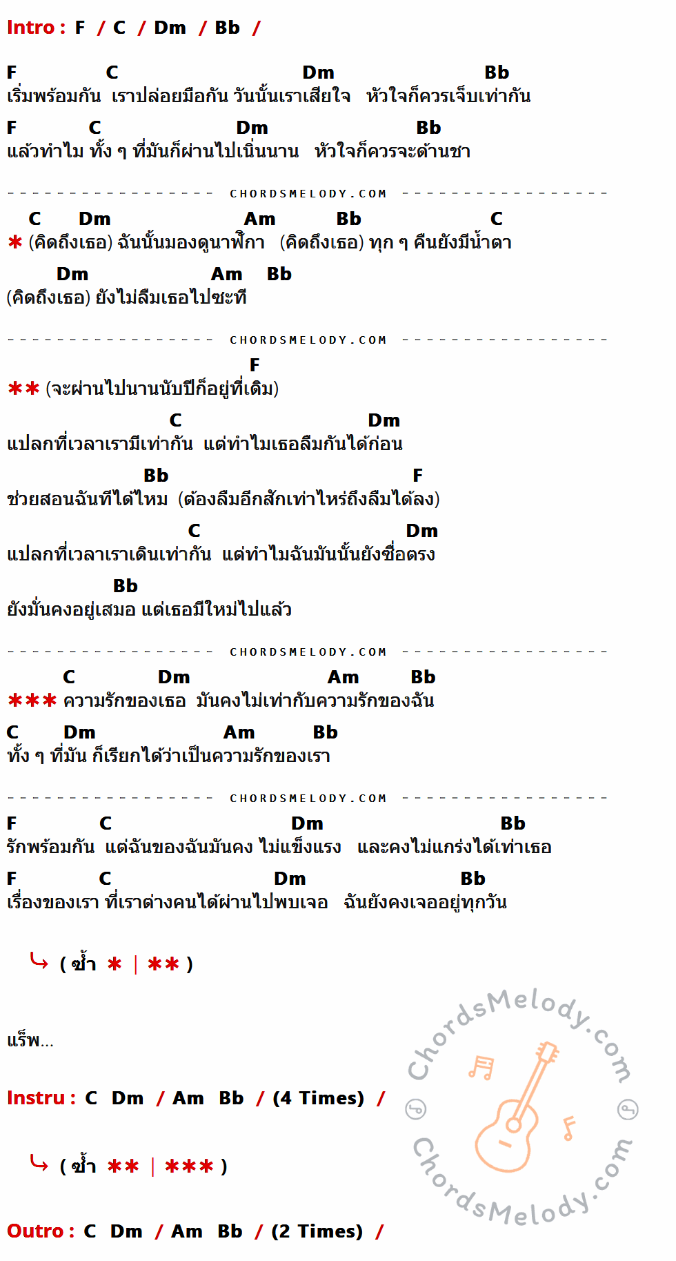 เนื้อเพลง เวลาเรามีเท่ากัน ของ 3.2.1 มีคอร์ดกีต้าร์ ในคีย์ที่ต่างกัน F,C,Dm,Bb,Am