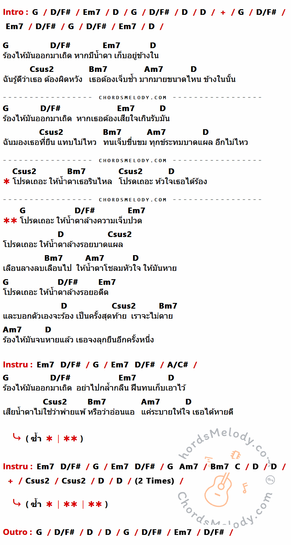 เนื้อเพลง น้ำตาสุดท้าย ของ Cocktail ที่มีคอร์ด ในกลุ่มคีย์ G,D/F#,Em7,D,Csus2,Bm7,Am7,A/C#,C ประกอบ
