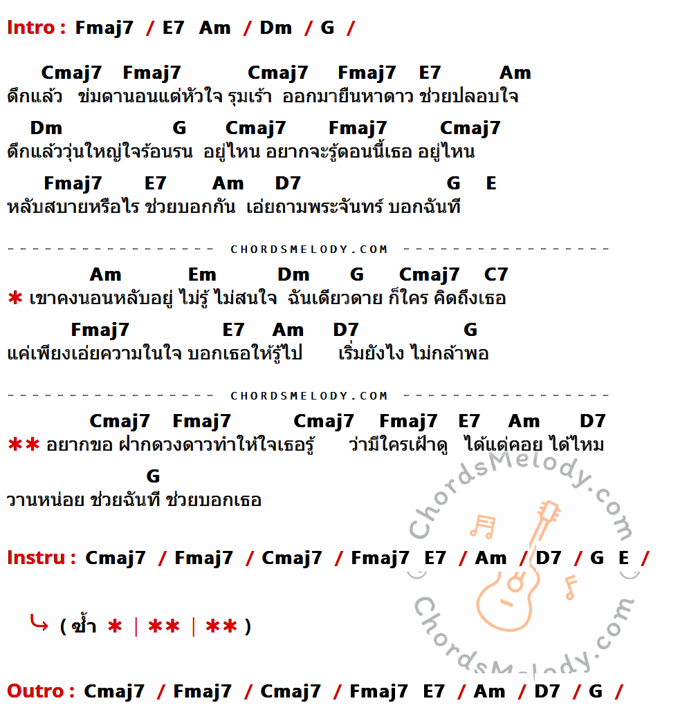 เนื้อเพลง ดึกแล้ว ของ Hydra ที่มีคอร์ด ในกลุ่มคีย์ Fmaj7,E7,Am,Dm,G,Cmaj7,D7,E,Em,C7 ประกอบ