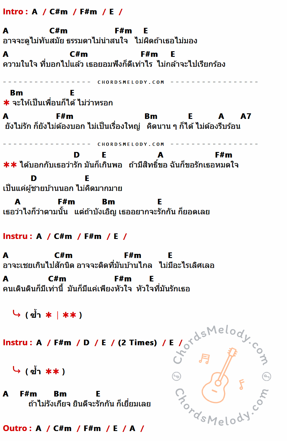 เนื้อเพลง ผู้ชายบ้านนอก ของ Labanoon ที่มีคอร์ดกีต้าร์ A,C#m,F#m,E,Bm,A7,D