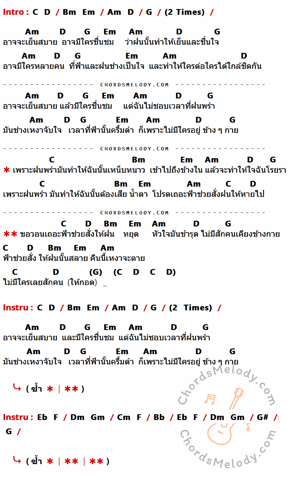เนื้อเพลง โรคกลัวฝน ของ Dr. Fuu ที่มีคอร์ด ในกลุ่มคีย์ C,D,Bm,Em,Am,G,Eb,F,Dm,Gm,Cm,Bb,G# ประกอบ