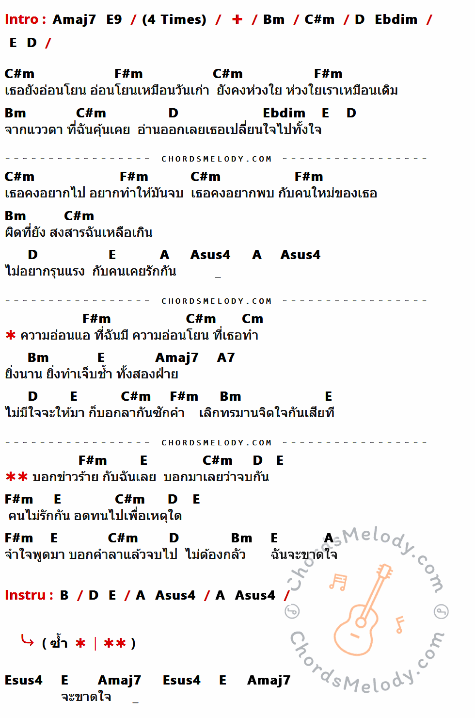 เนื้อเพลง ข่าวร้าย ของ Dr Kids ที่มีคอร์ดกีต้าร์ Amaj7,E9,Bm,C#m,D,Ebdim,E,F#m,A,Asus4,Cm,A7,B,Esus4