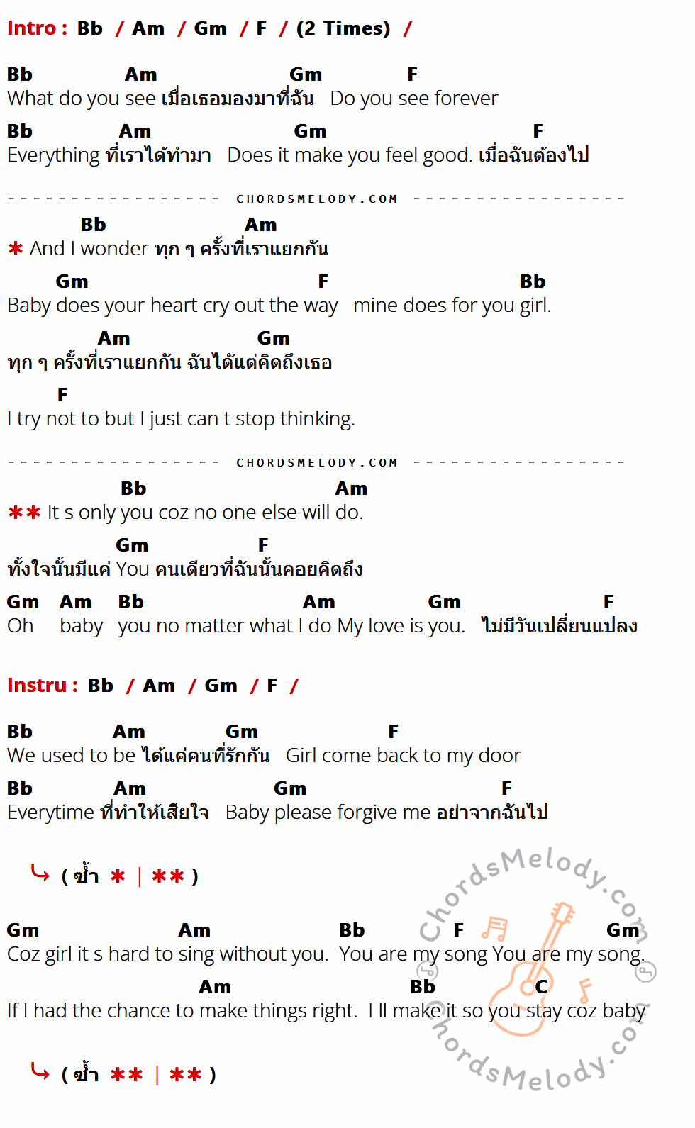 เนื้อเพลง You ของ Golf Mike ที่มีคอร์ด ในกลุ่มคีย์ Bb,Am,Gm,F,C ประกอบ