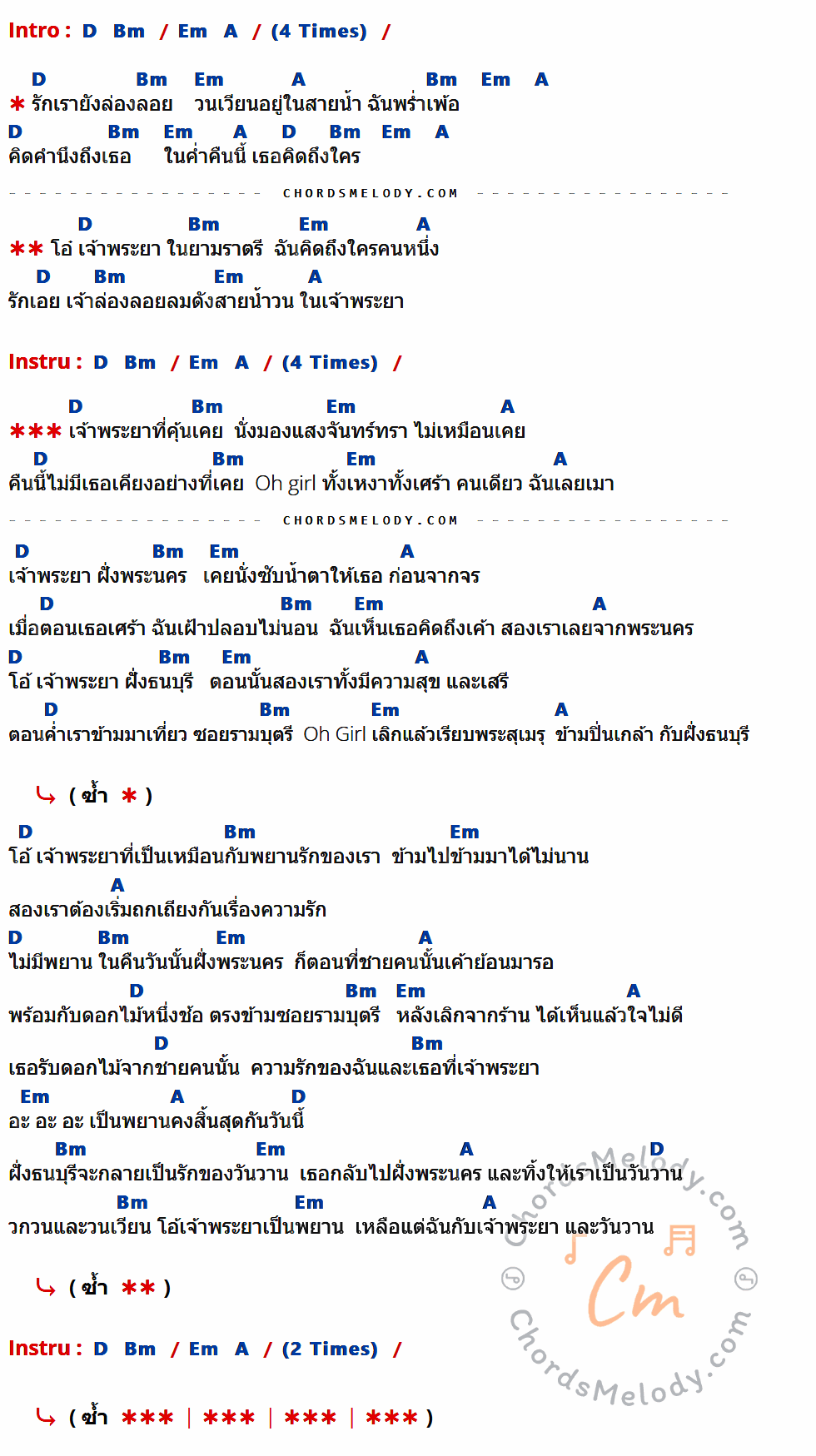 เนื้อเพลง เจ้าพระยา ของ Kai Jo Brothe ที่มีคอร์ด ในกลุ่มคีย์ D,Bm,Em,A ประกอบ