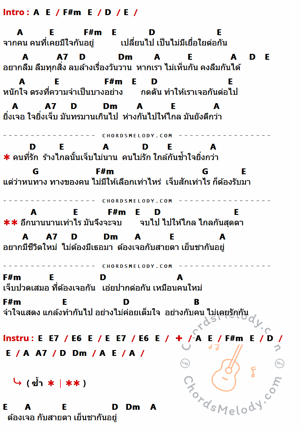 เนื้อเพลง ยิ่งใกล้ยิ่งเจ็บ ของ Inca ที่มีคอร์ดกีต้าร์ A,E,F#m,D,A7,Dm,G,B,E7,E6