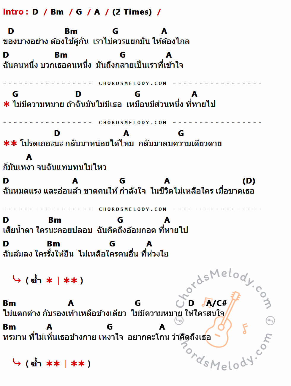 เนื้อเพลง เมื่อขาดเธอ ของ Frick ที่มีคอร์ด ในกลุ่มคีย์ D,Bm,G,A,A/C# ประกอบ