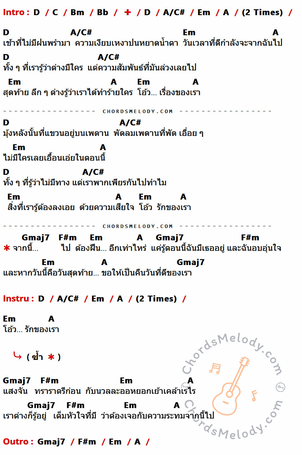 เนื้อเพลง ฝืน ของ Greasy Cafe ที่มีคอร์ดกีต้าร์ D,C,Bm,Bb,A/C#,Em,A,Gmaj7,F#m