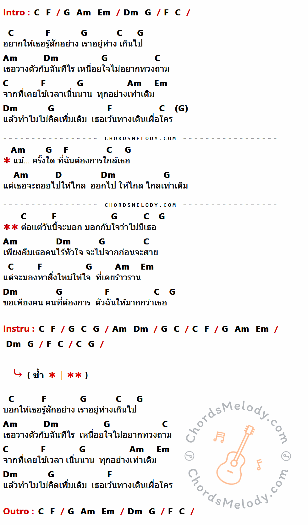 เนื้อเพลง ไกลเท่าเดิม ของ Hydra มีคอร์ดกีต้าร์ ในคีย์ที่ต่างกัน G,C,D,Em,Bm,Am,A